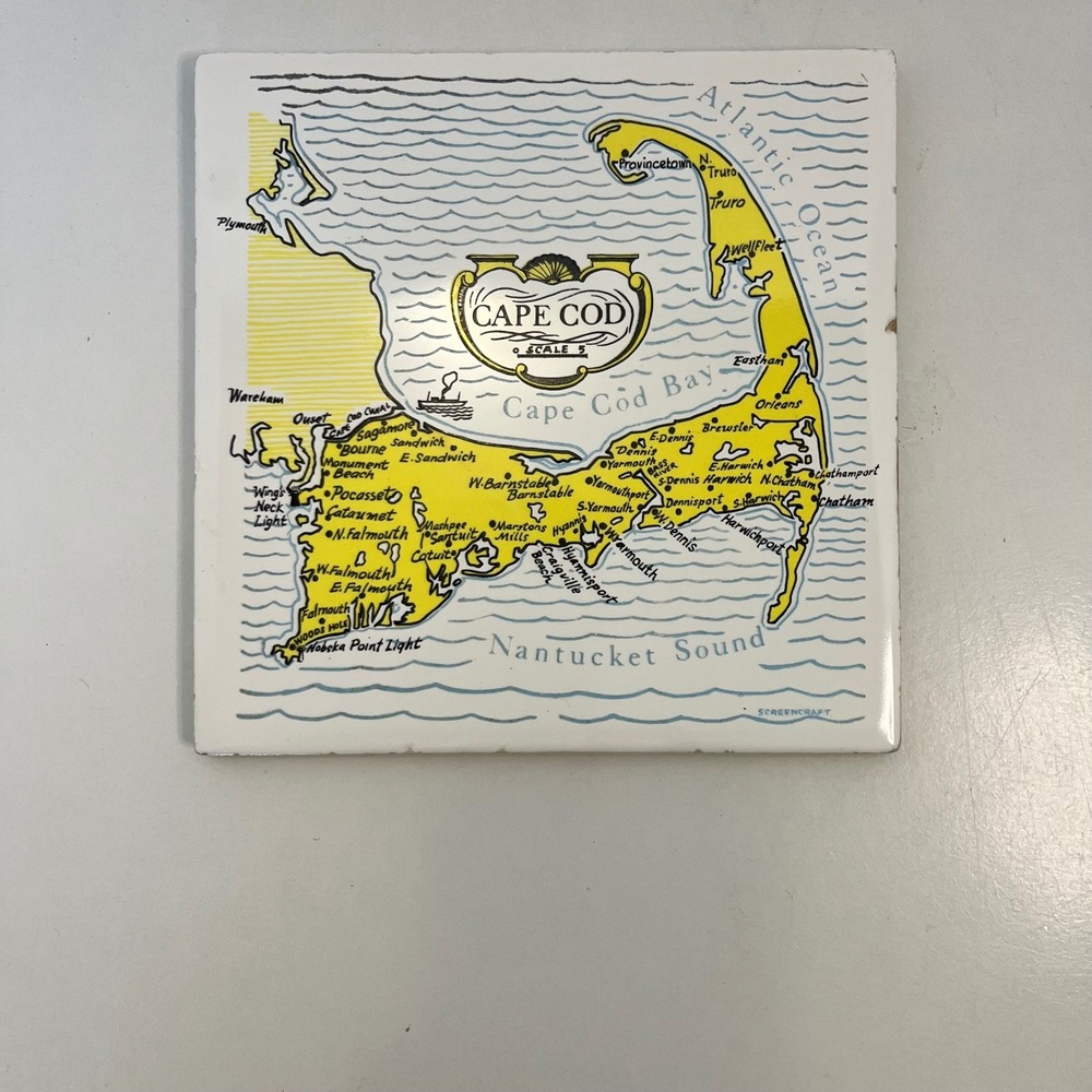 Vintage Screencraft Cape Cod Map Ceramic Tile Trivet Wall Hanging 6 Inch